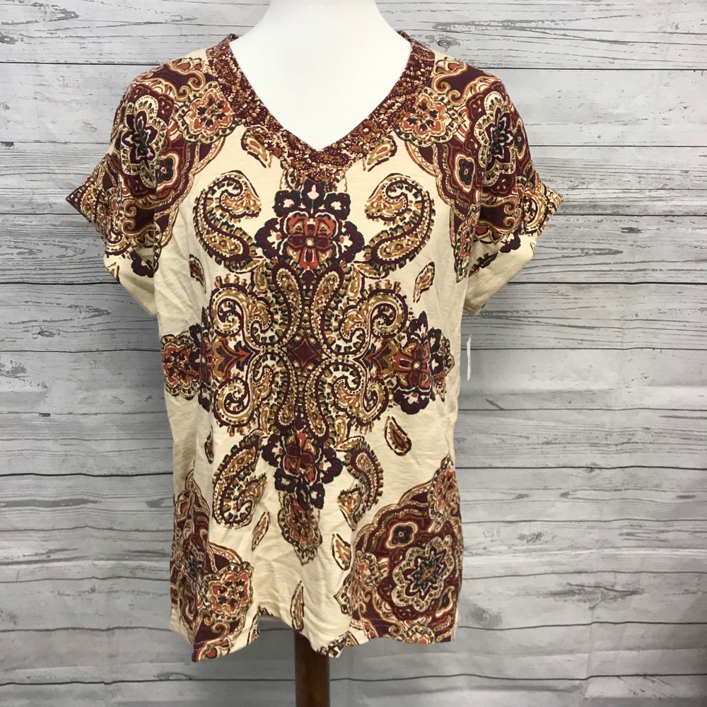 NEW Style & Co Paisley V-Neck Knit Top Sz M